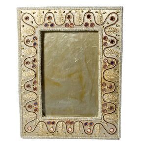 Vintage Satin Beaded Fabric Photo Picture Frame Indian Beige Tan Brown Beads 4X6